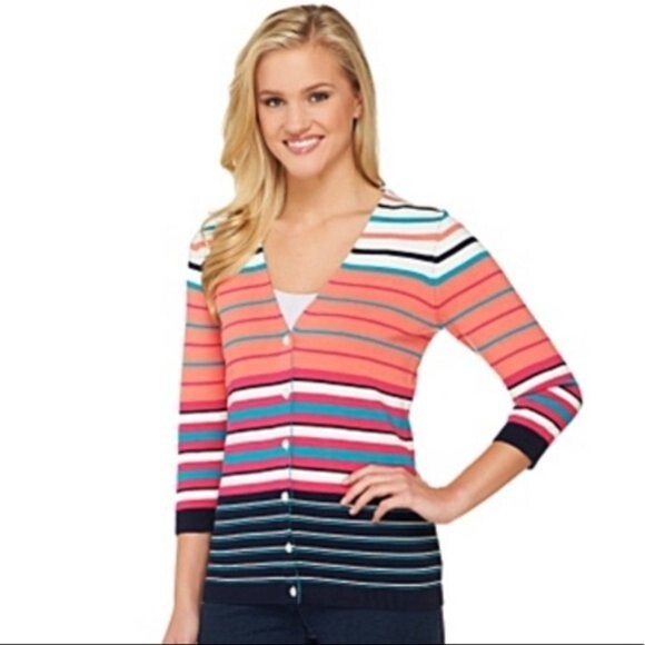 Liz Claiborne New York 100% Cotton Multicolor Button 3/4 Sleeves Cardigan - Picture 9 of 12